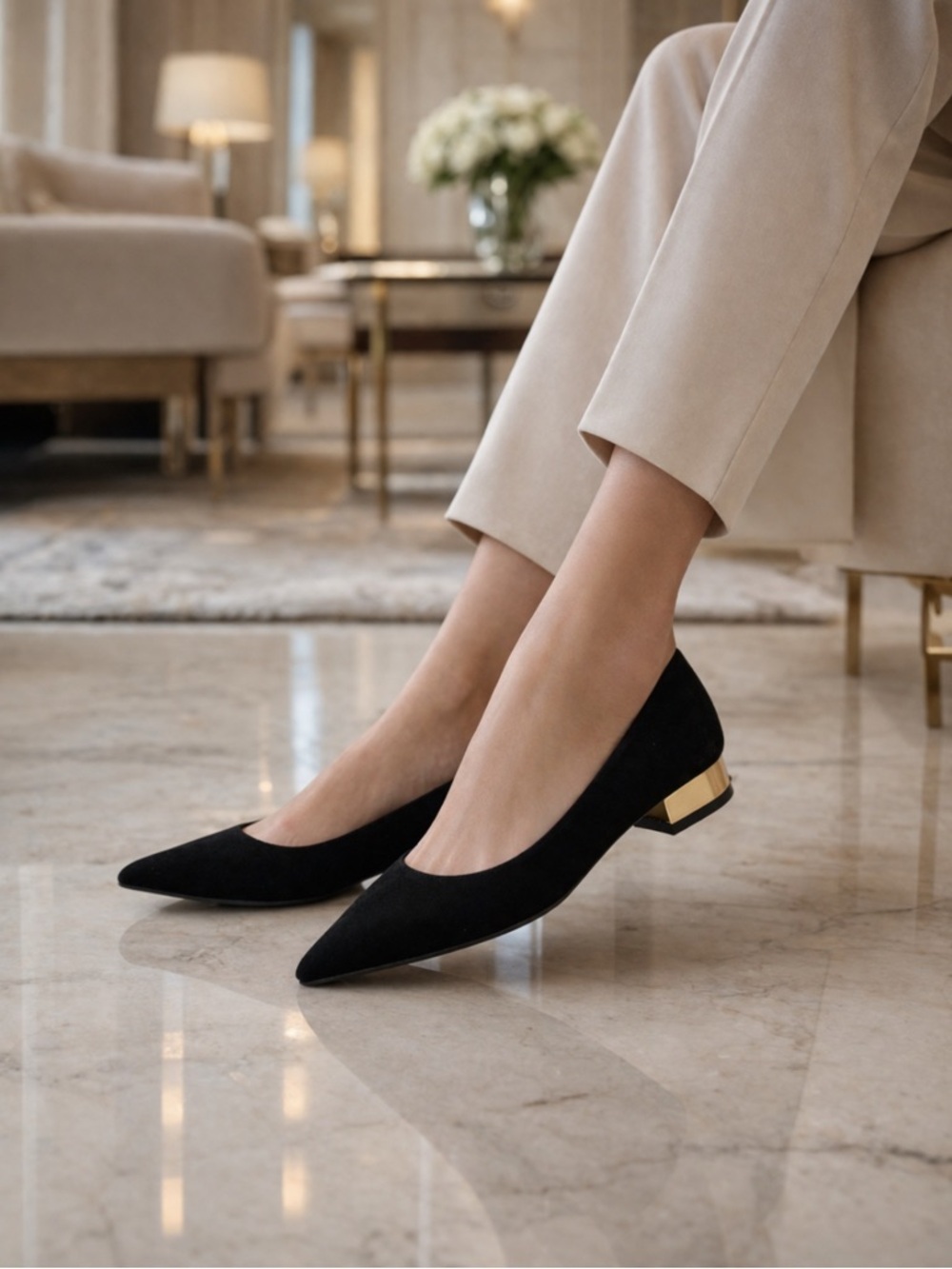 TAHARI BLACK SUEDE GOLDEN HEELS POINTY FLATS
